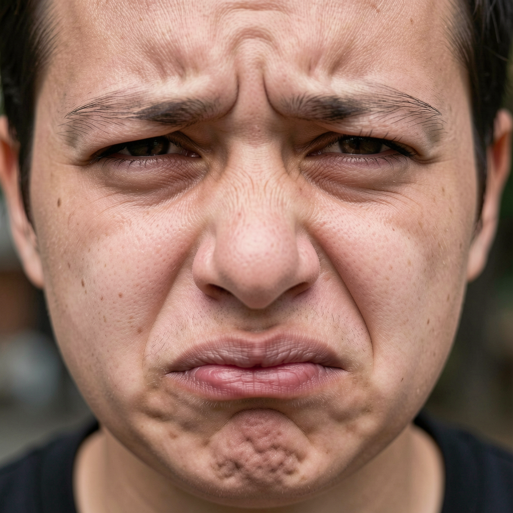 A close-up of a person's face showing clear disgust, nose wr