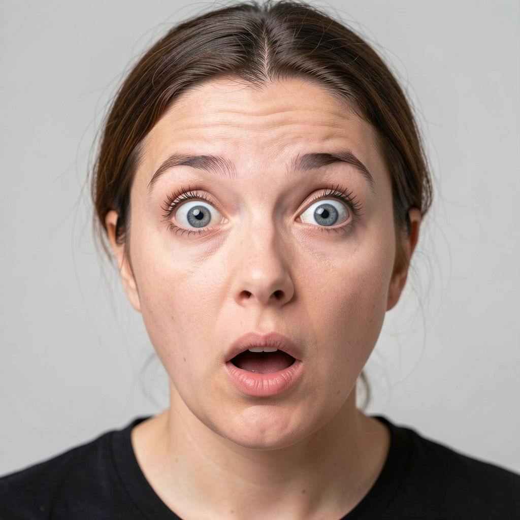 A portrait capturing genuine surprise — raised eyebrows, wid