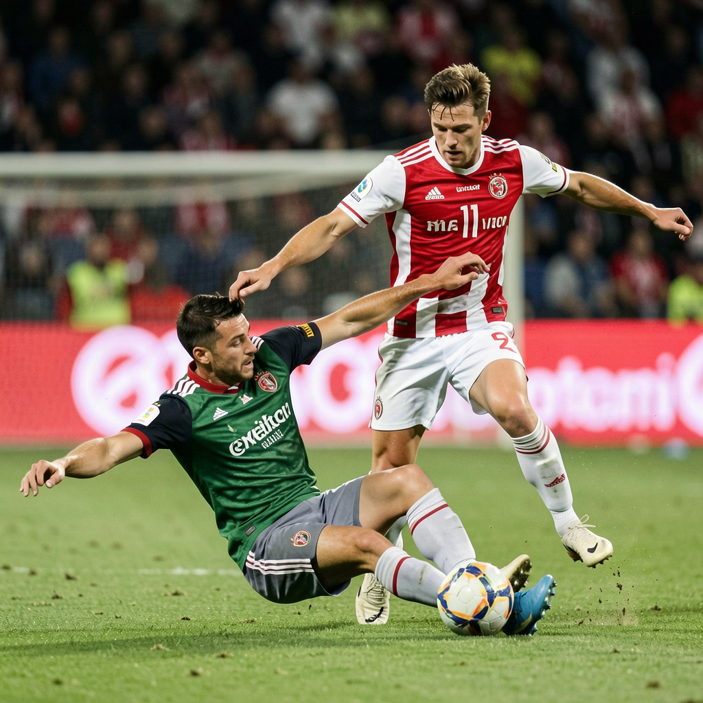 Two soccer players mid-tackle, one sliding and the other jum