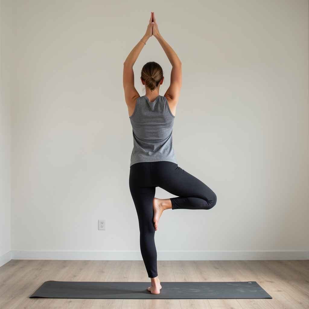 A person in a yoga tree pose — standing on one leg with the 