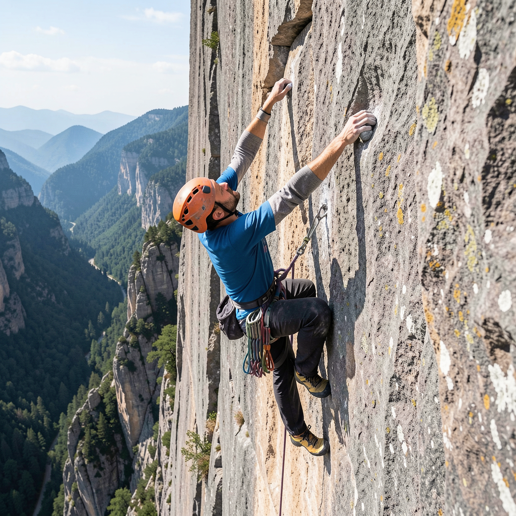 A rock climber clinging to a cliff face with arms and legs e