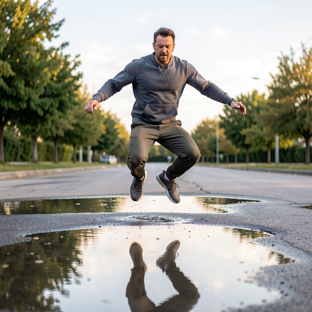 A man captured mid-jump over a puddle, body in the air with 
