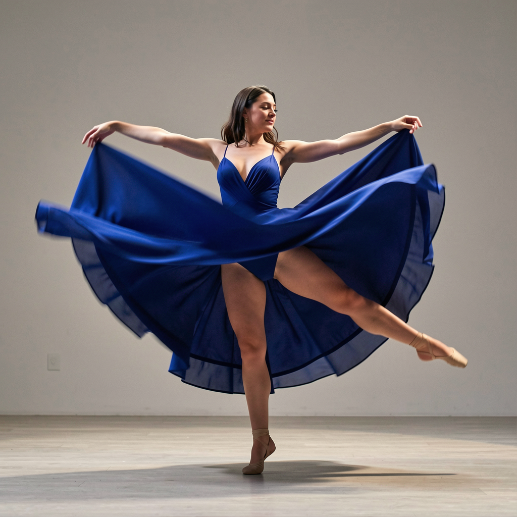 A dancer in a dynamic spin, dress flowing outward with one l