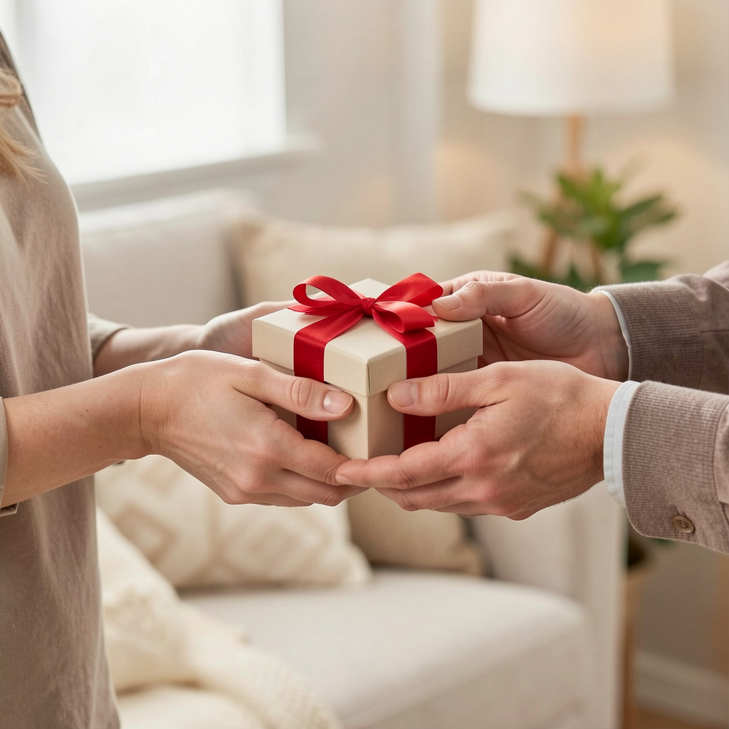 One person handing a small gift box to another person, both 