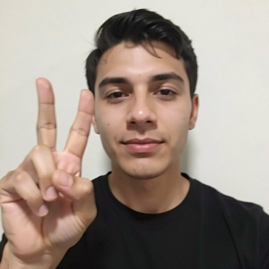 A person making a peace sign with their right hand, clearly 