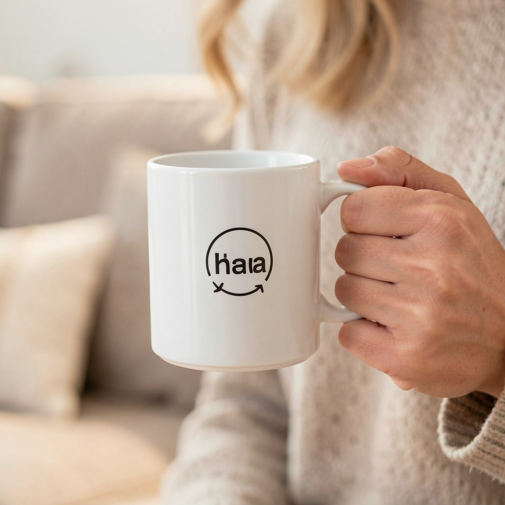 A person holding a white ceramic coffee mug by the handle wi