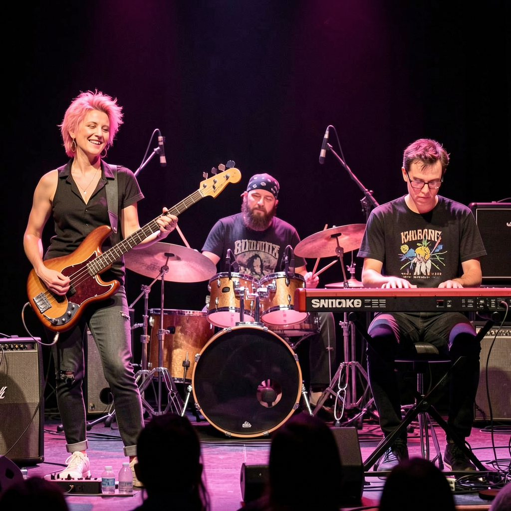 Three musicians on stage: a tall woman with short pink hair 