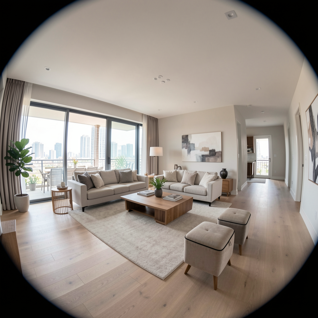 A wide-angle shot of a modern living room interior showing e
