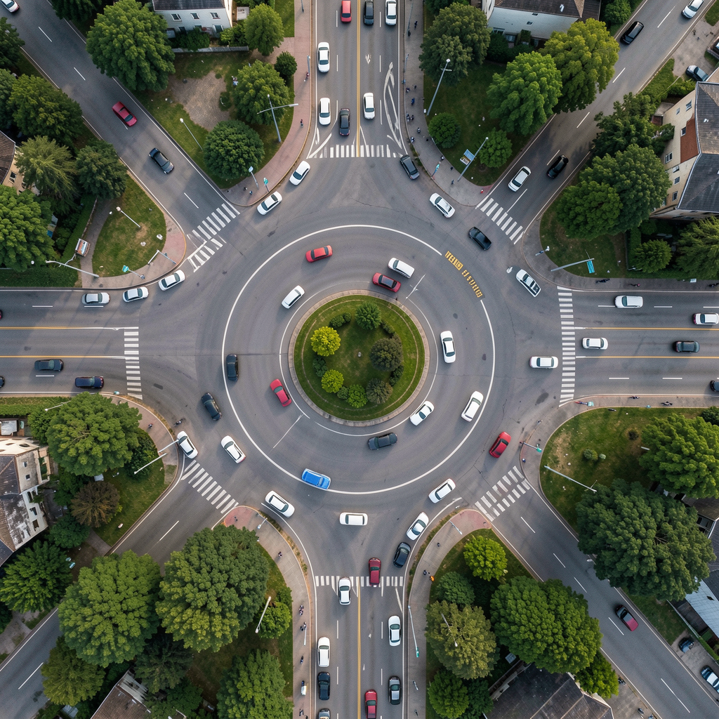 An aerial bird's-eye view looking straight down at a traffic