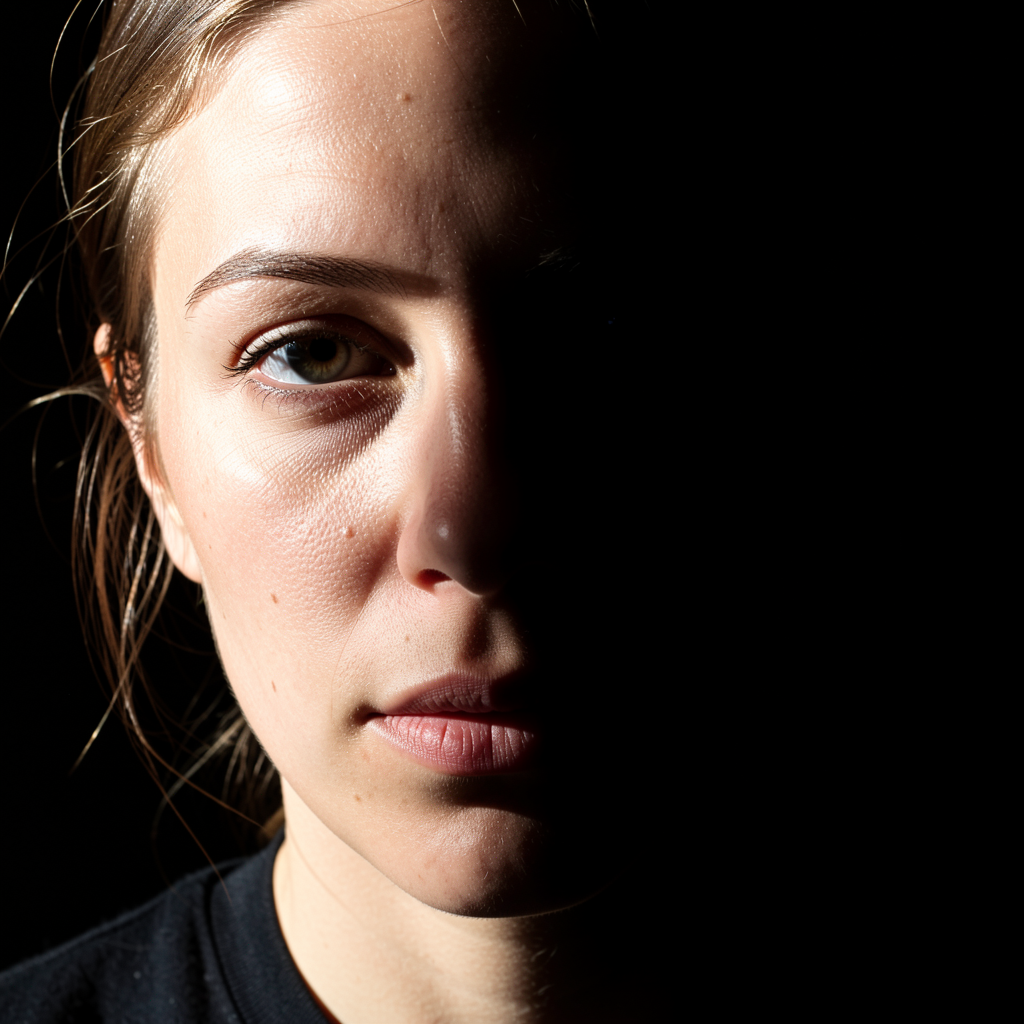 A portrait with dramatic split lighting — half the face brig