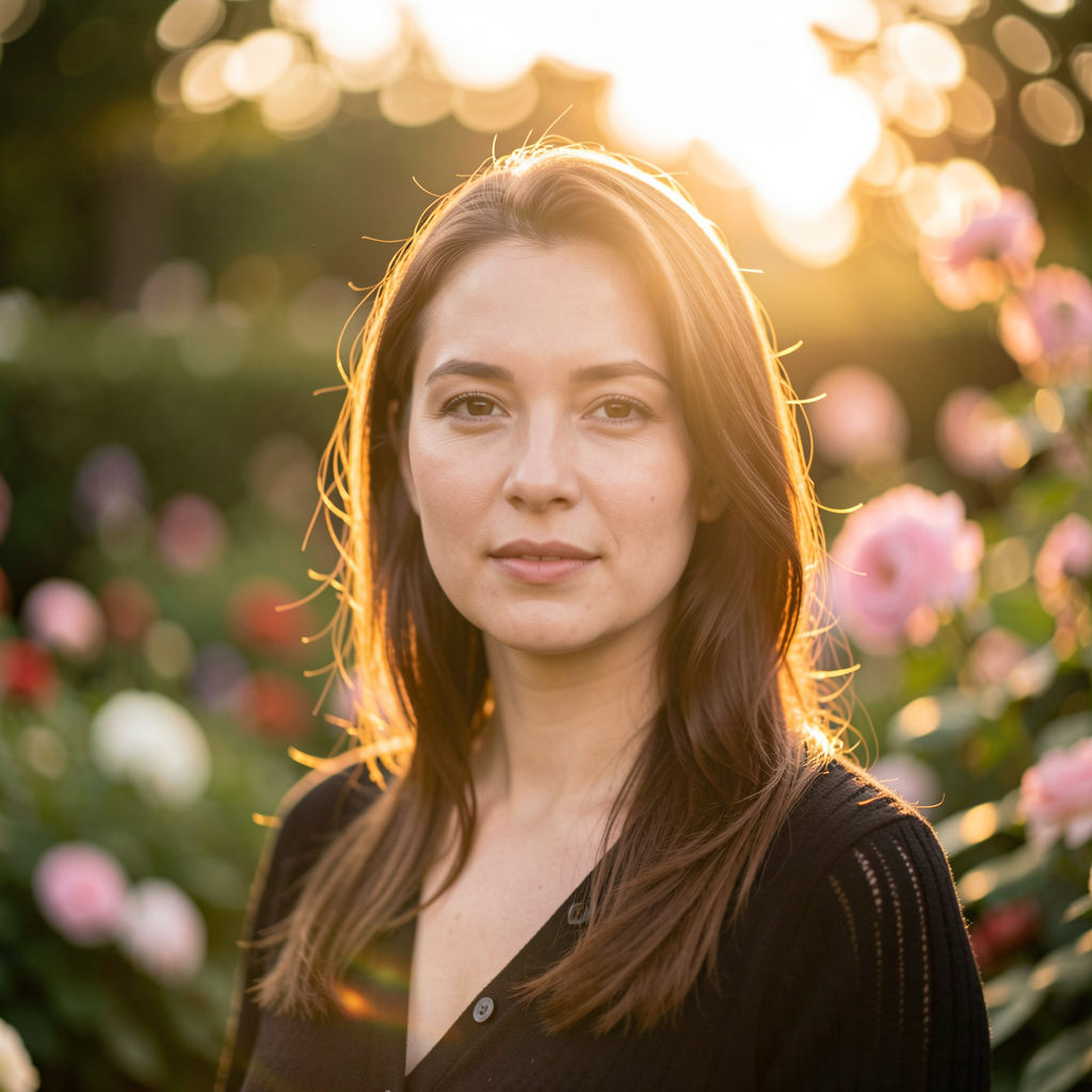 A portrait shot at 85mm f/1.4 with creamy bokeh background, 