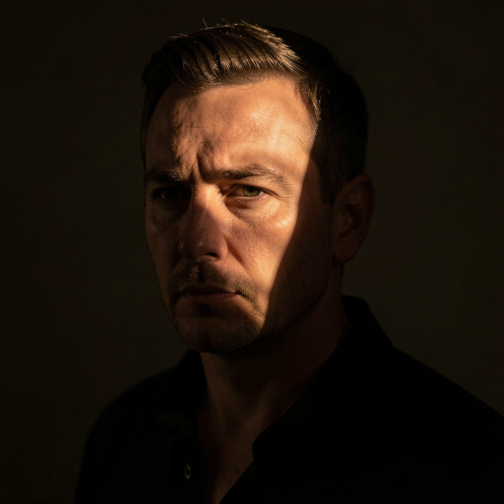 A portrait lit with classic Rembrandt lighting — triangle of