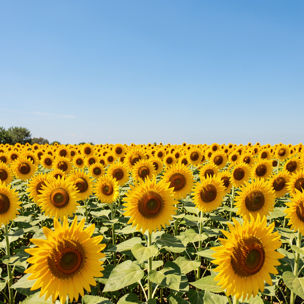 A field of pure sunflower yellow flowers under a clear blue 