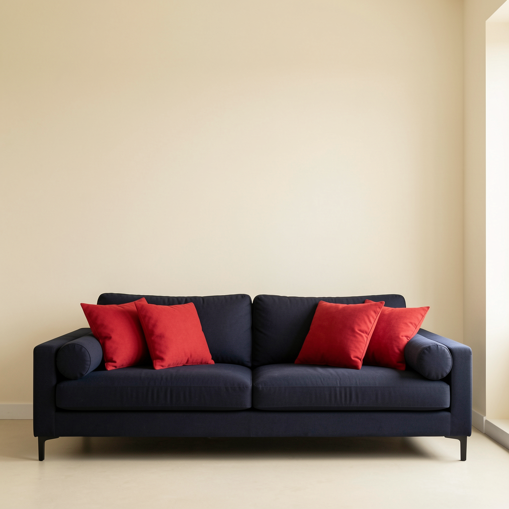 A minimalist room with walls in #F5E6CC (warm cream), a sofa