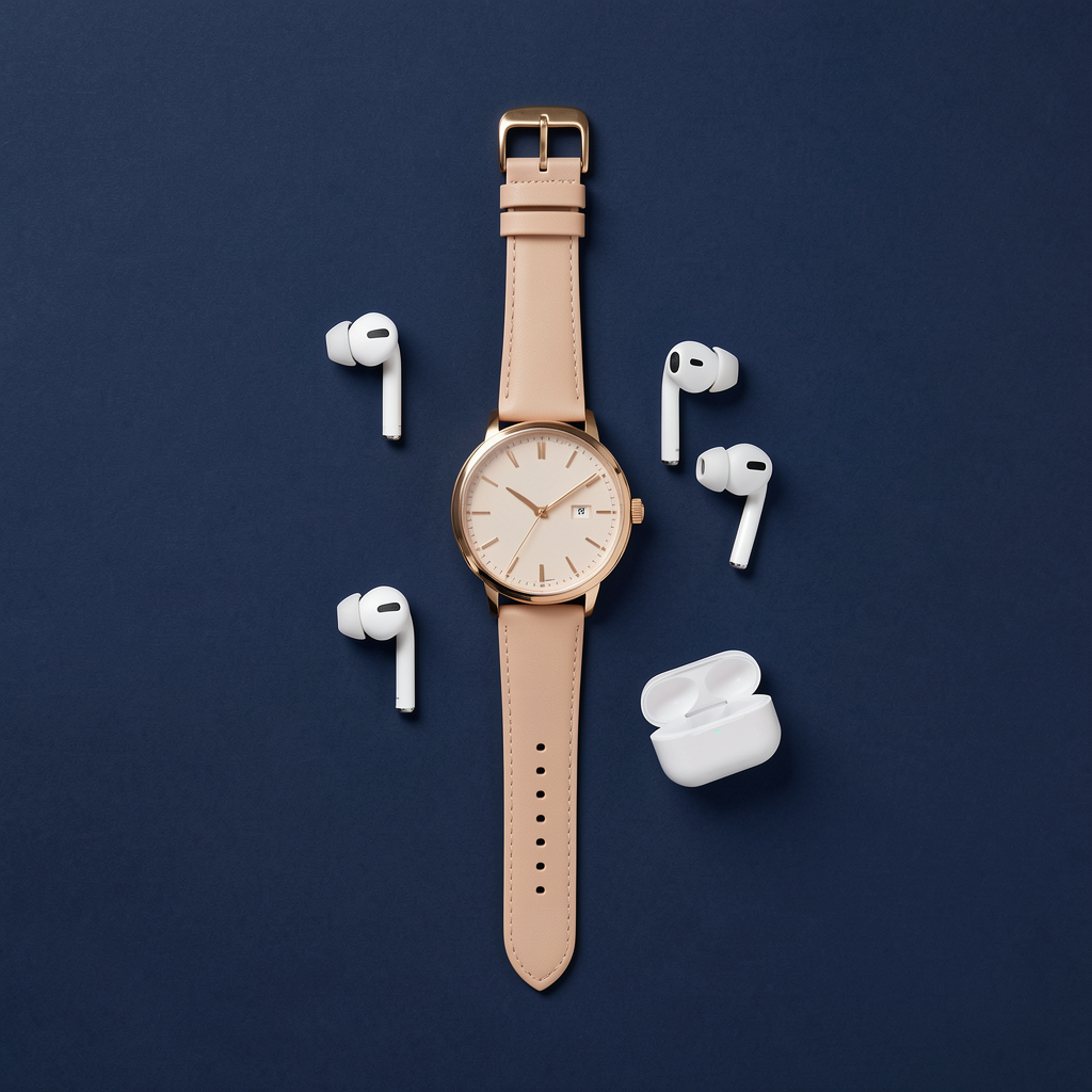 A product flat-lay on a #1A1A2E (deep dark blue) background,