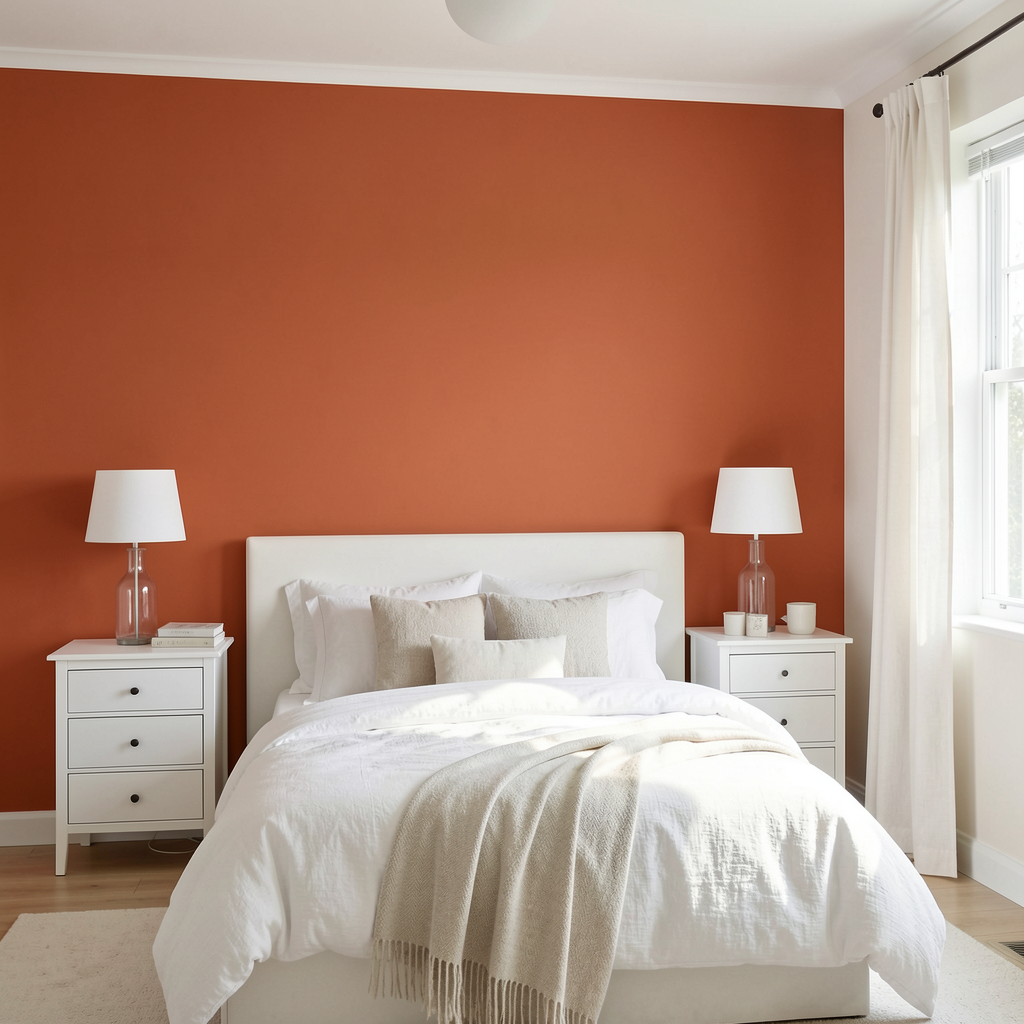 A bedroom wall painted in #FF6B35 (burnt orange) with white 