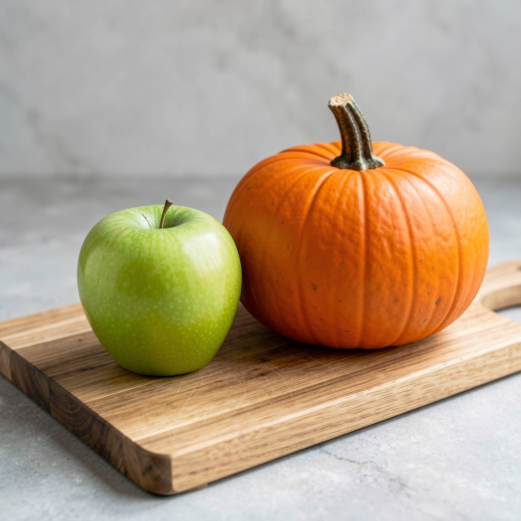 A green apple and an orange pumpkin on a wooden cutting boar