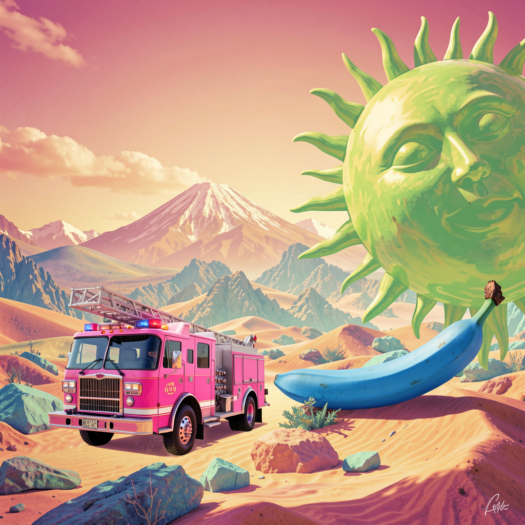 A pink fire truck, a blue banana, and a green sun in a surre