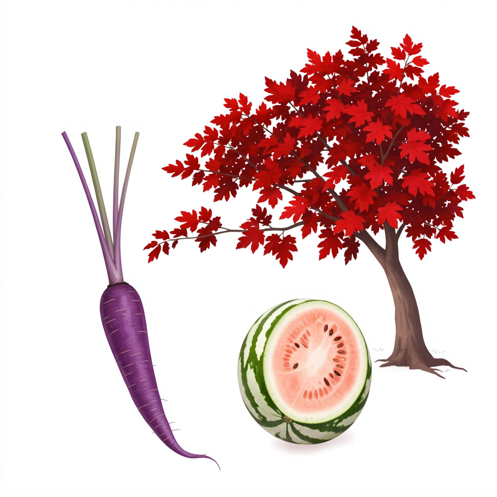 A purple carrot, a red tree with red leaves, and a white wat
