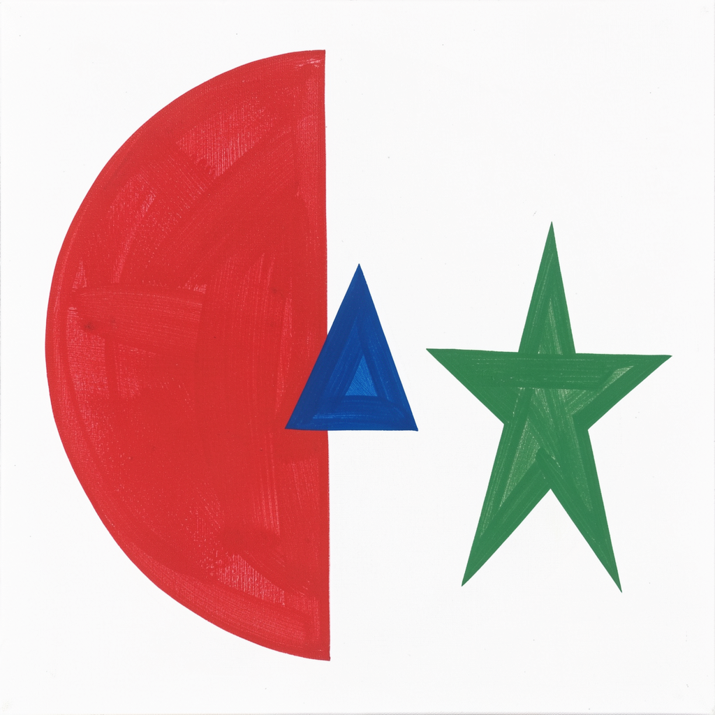 A large red circle, a small blue triangle, and a medium gree