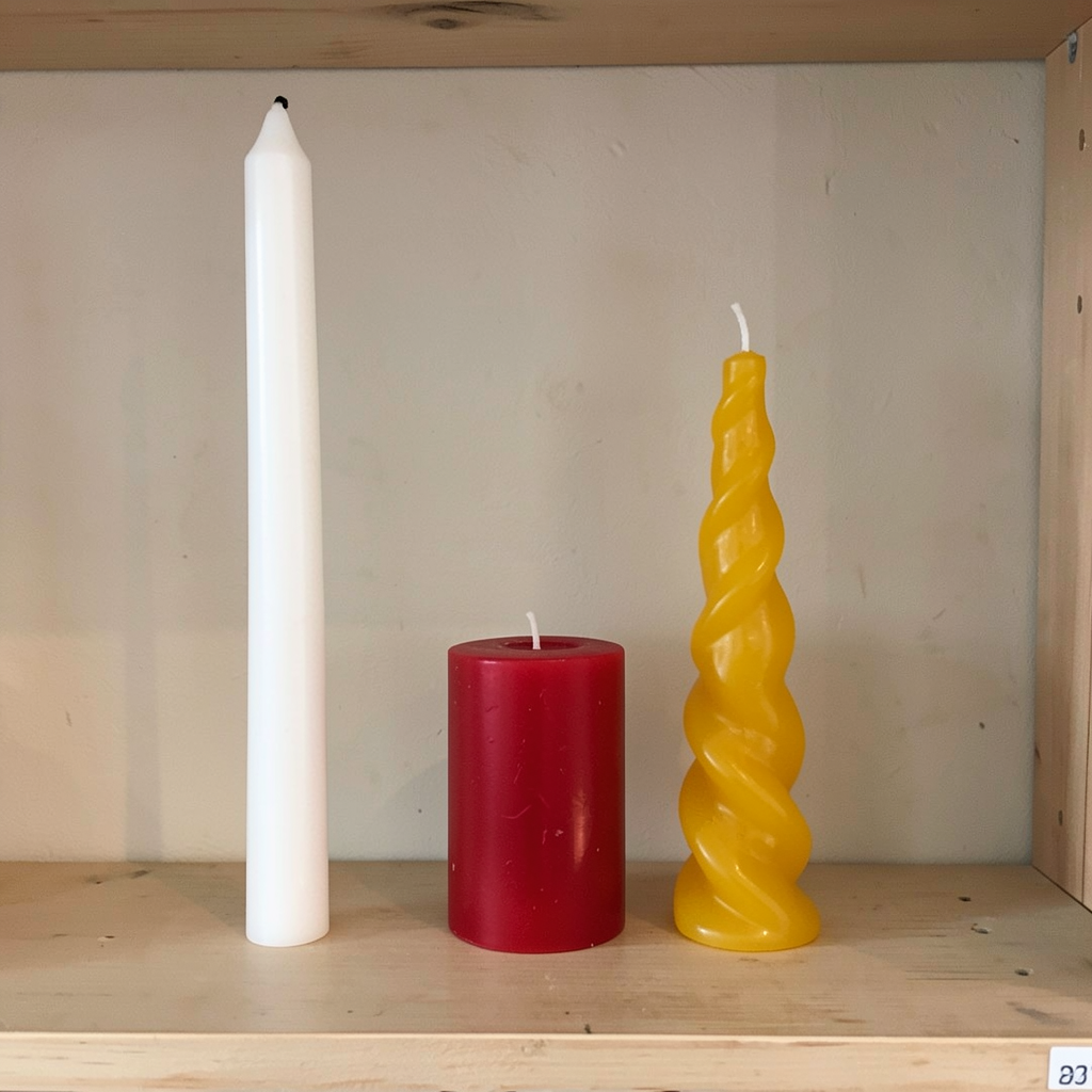 A tall thin white candle, a short fat red candle, and a medi