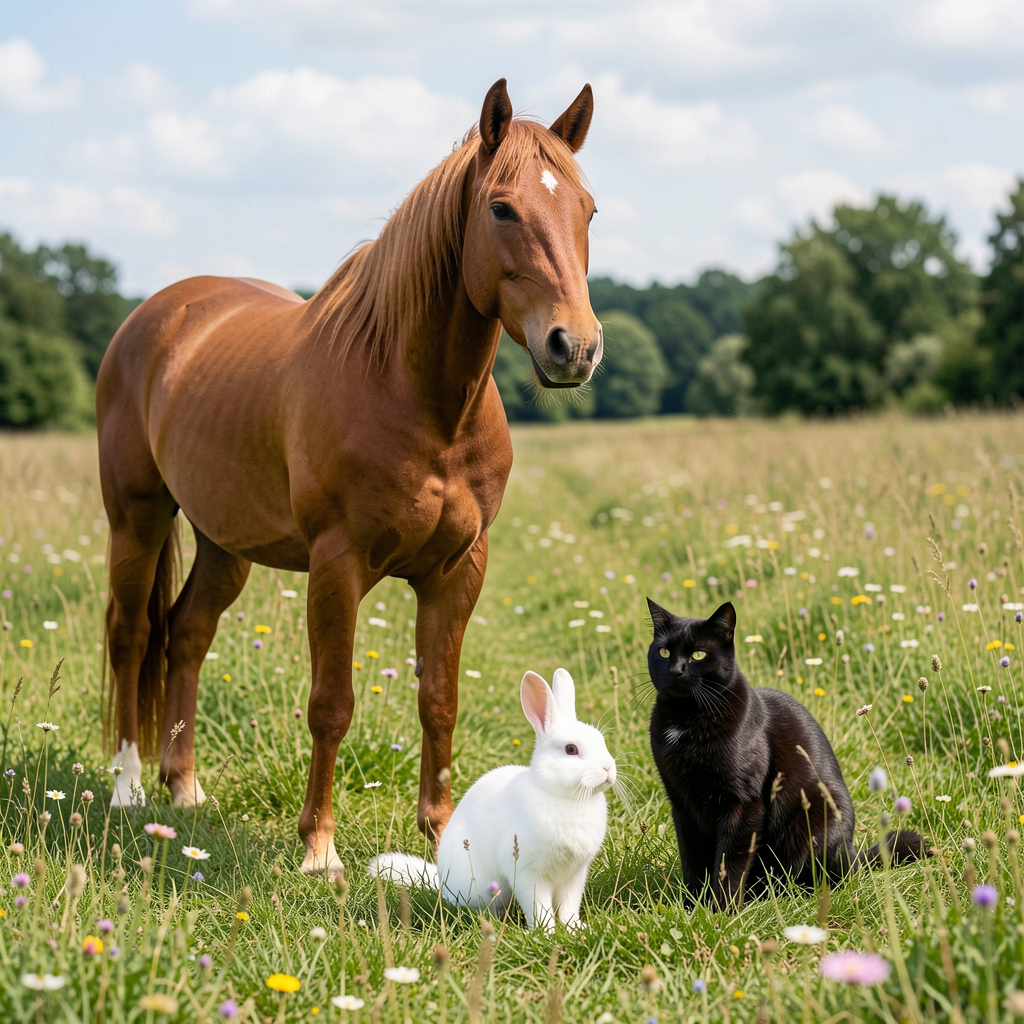 A big brown horse, a small white rabbit, and a medium-sized 