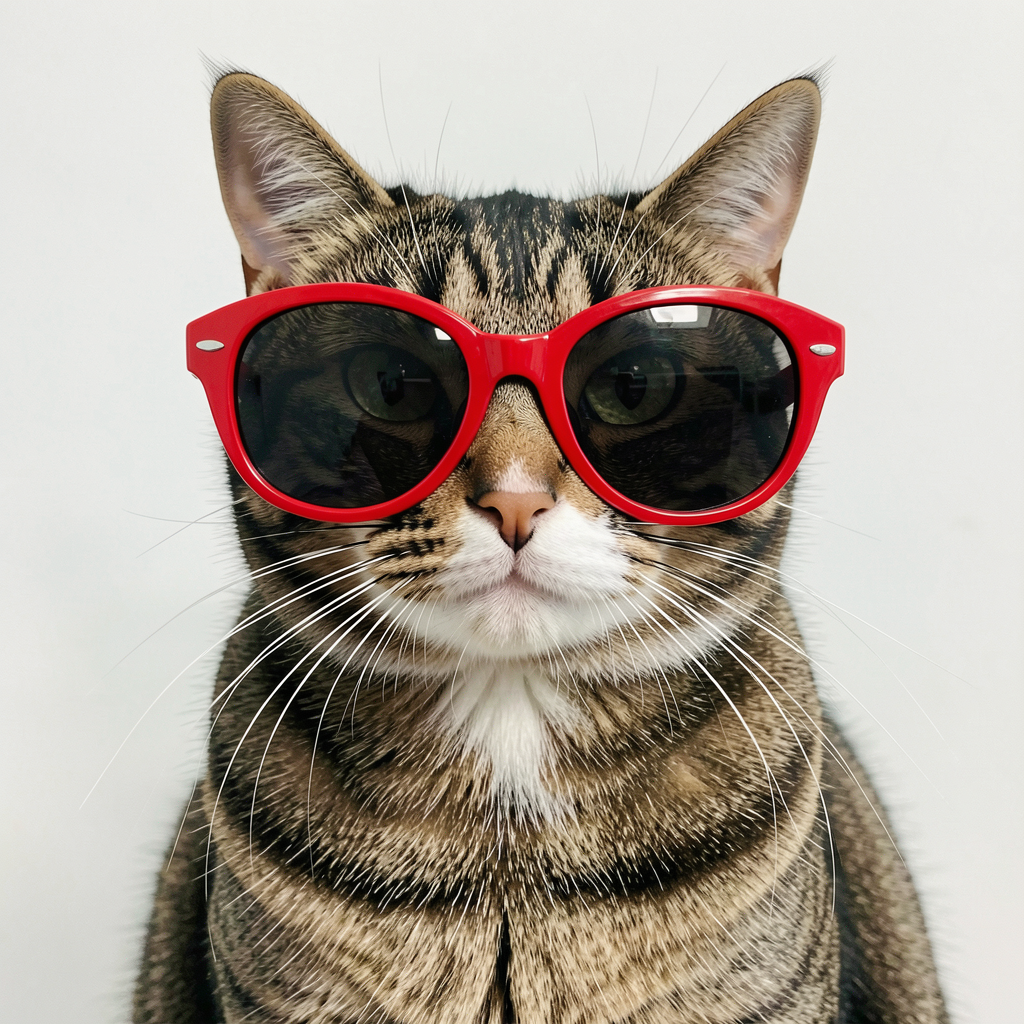 A tabby cat wearing oversized red sunglasses