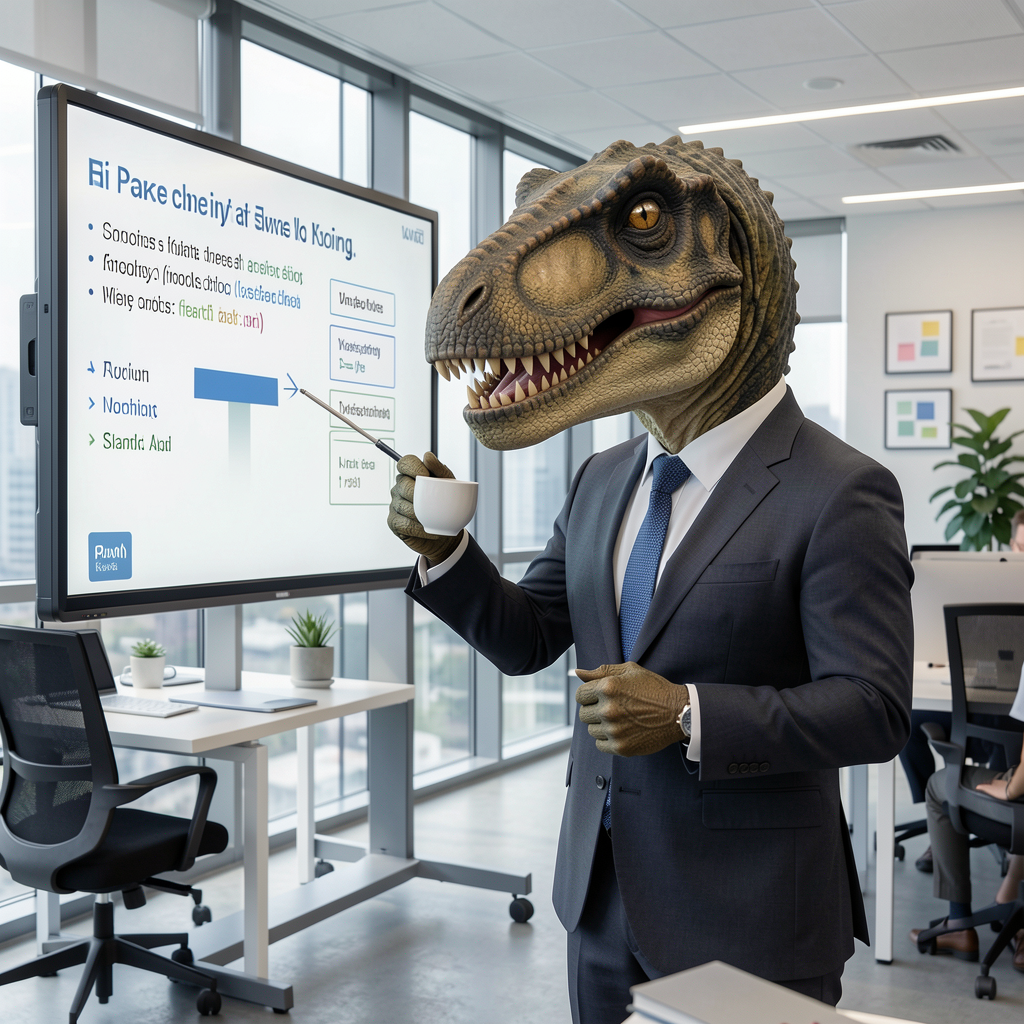 A dinosaur in a business suit giving a PowerPoint presentati