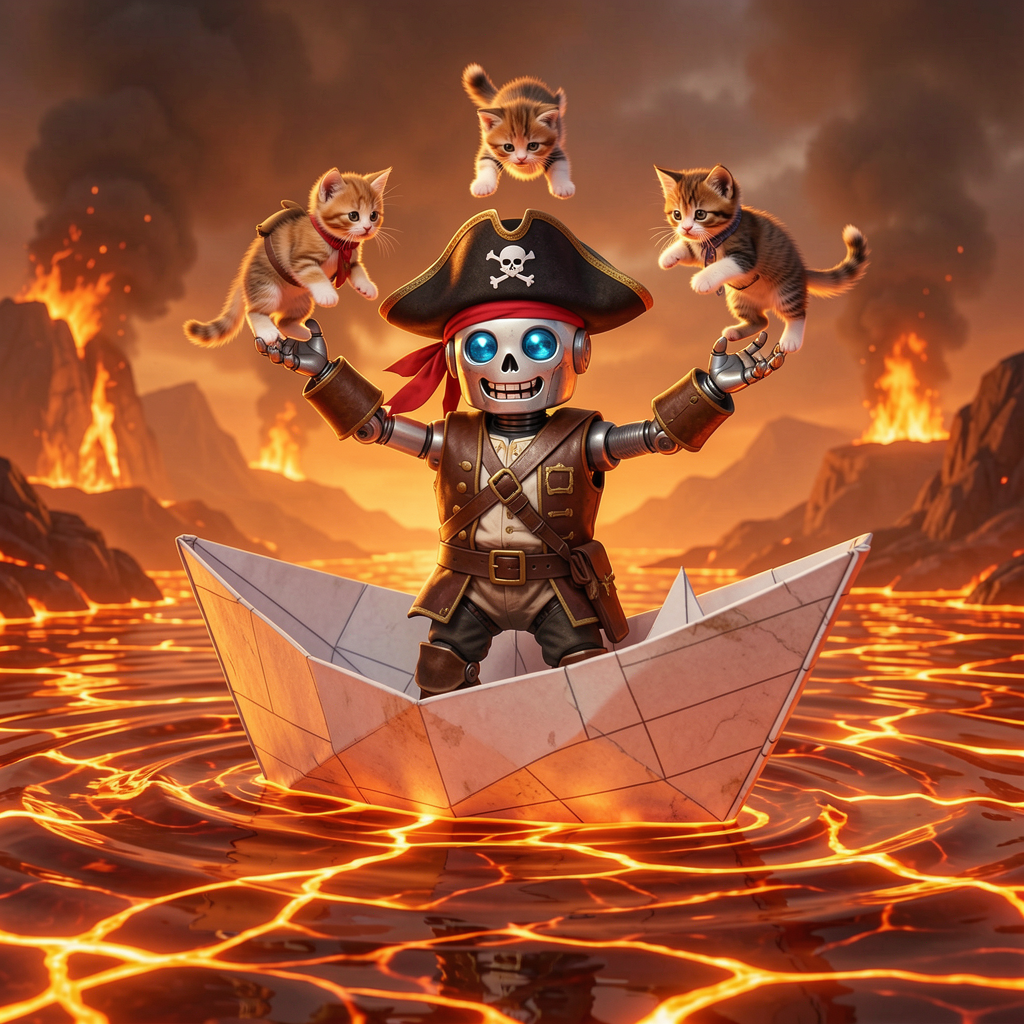 A robot dressed as a pirate sailing a paper boat on a lake o