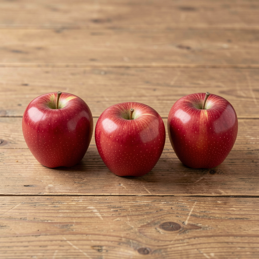 Exactly 3 red apples arranged on a wooden table