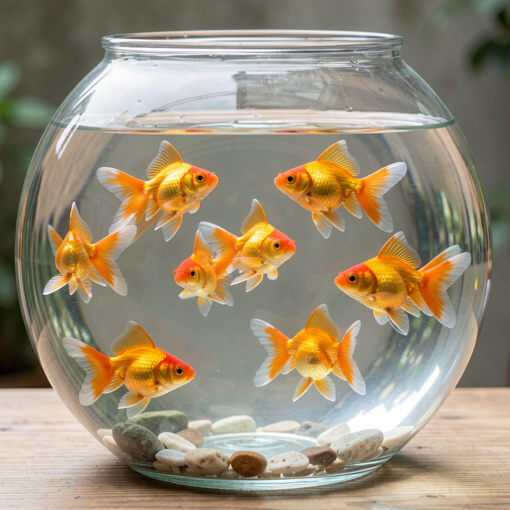 Exactly 9 goldfish swimming in a large round fishbowl