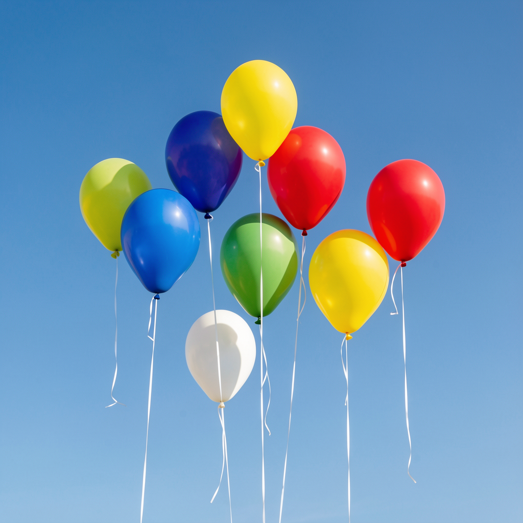 Exactly 11 colorful balloons floating against a clear blue s
