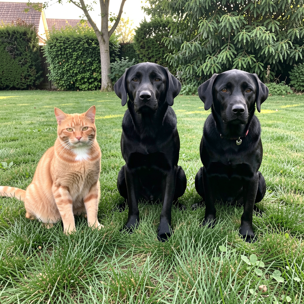 2 orange cats and 3 black dogs sitting together on a grassy 