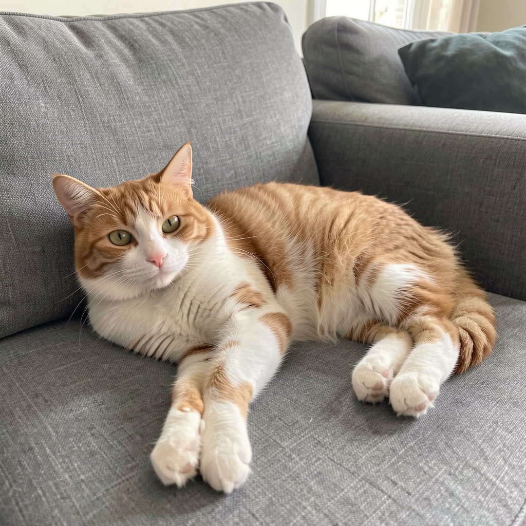 A cat lying on a couch without a collar