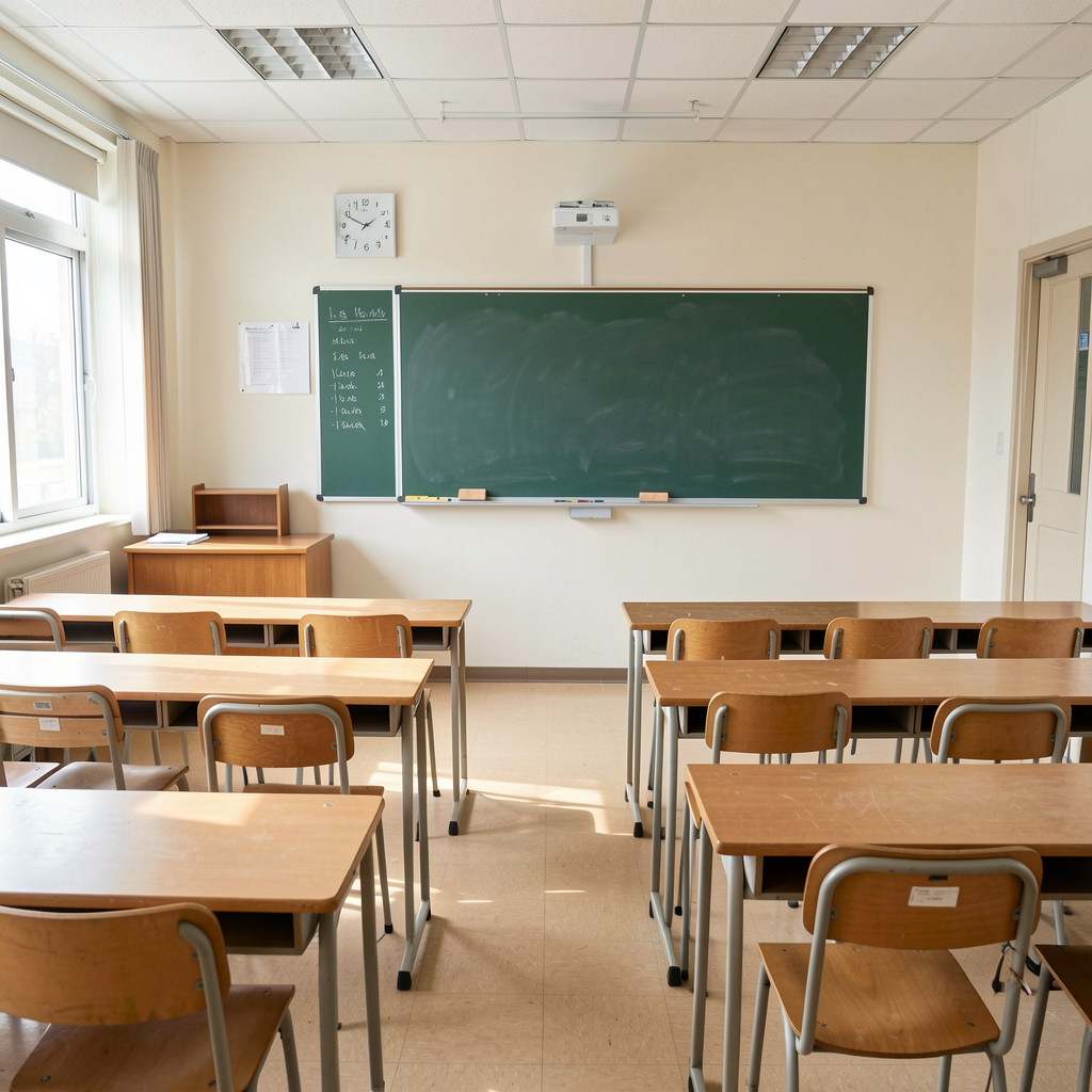 A classroom with desks and a chalkboard but no students