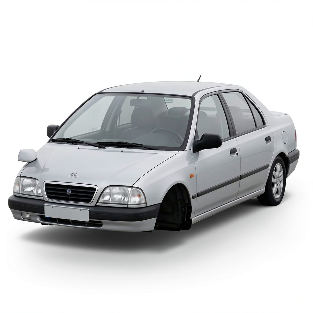 A car body with windows, doors, and headlights but no wheels