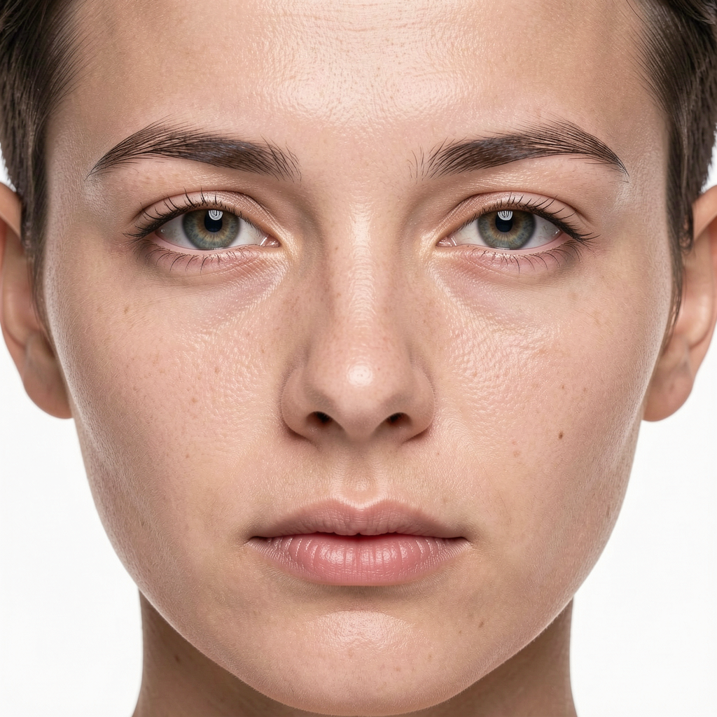 A human face with eyes, nose, and mouth but no eyebrows