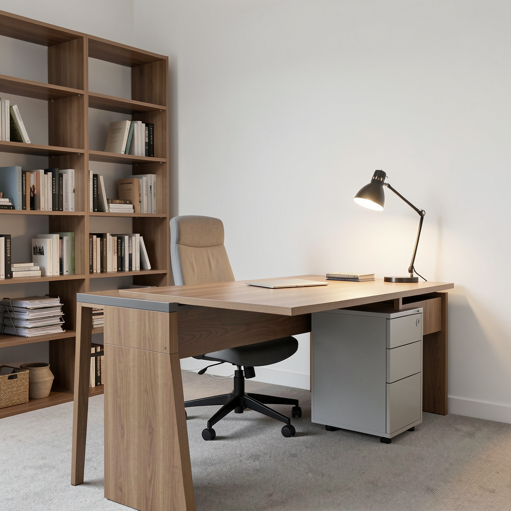 An office workspace with a desk, chair, bookshelf, and lamp 