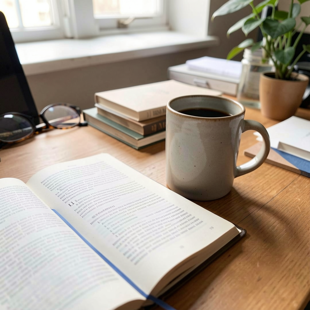 A coffee mug next to an open book on a desk