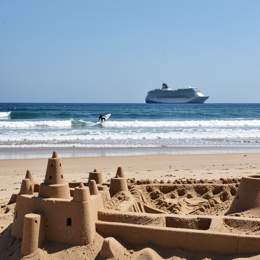 A beach scene with a sandcastle in the foreground, a surfer 