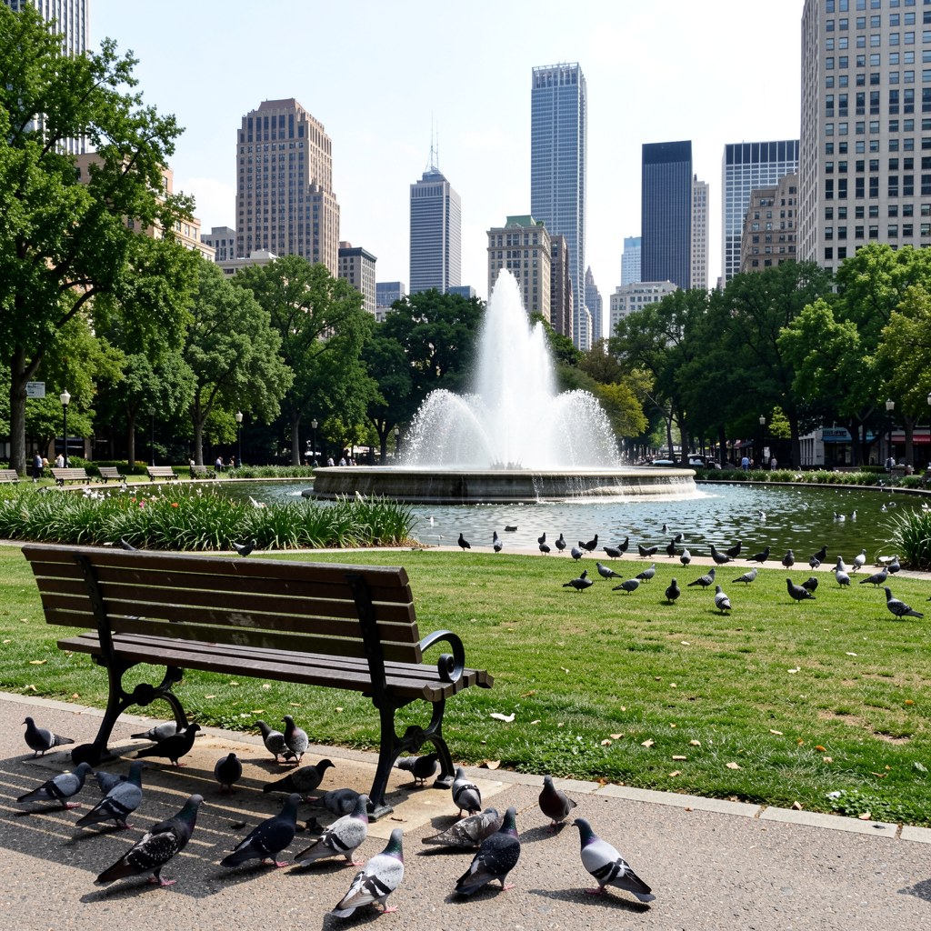 A city park with a park bench and pigeons in the foreground,