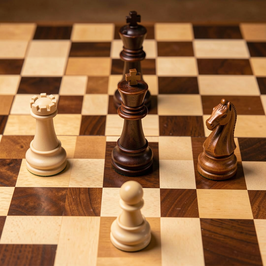Five chess pieces on a board: a king in the center, a queen 