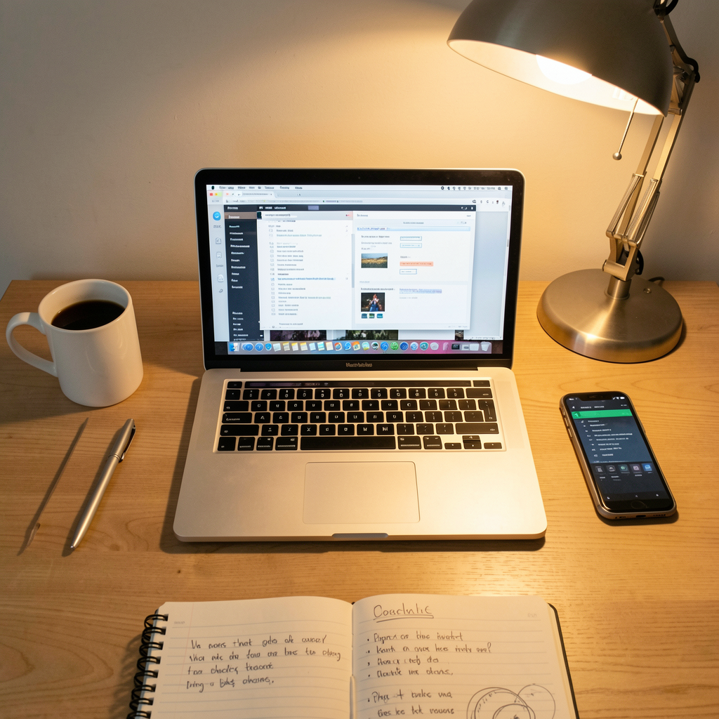 A desk scene: laptop in the center, coffee mug to the left, 