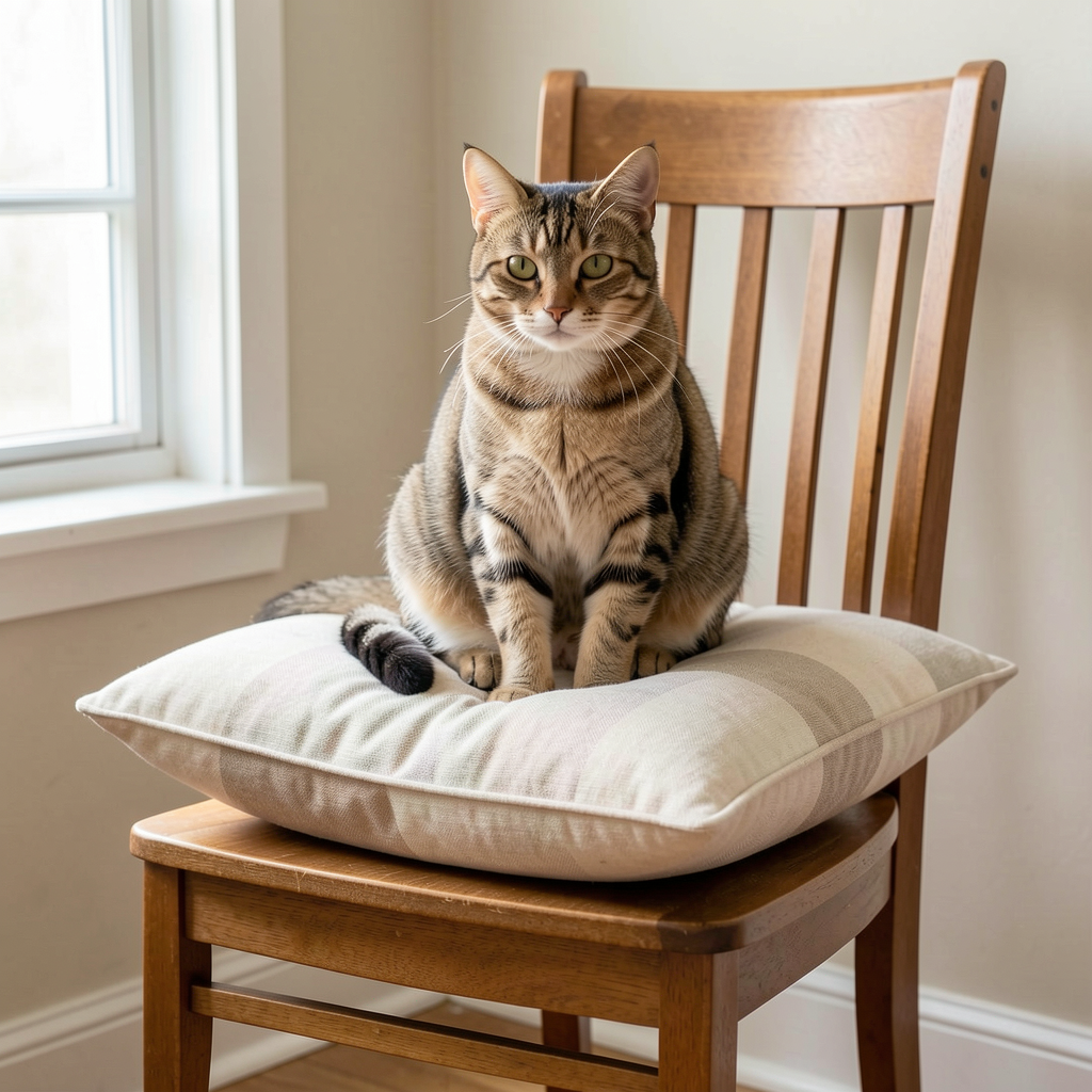 A cat sitting on a pillow, the pillow placed on a wooden cha