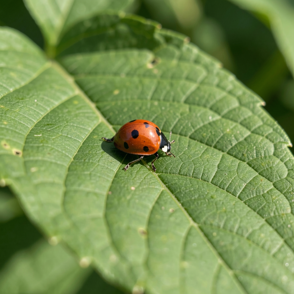 A ladybug sitting on a large green leaf, shown at realistic 