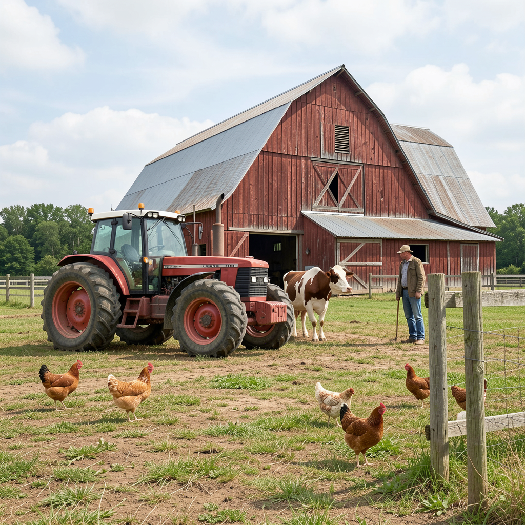 A farm scene with a barn, tractor, farmer, cow, chicken, and