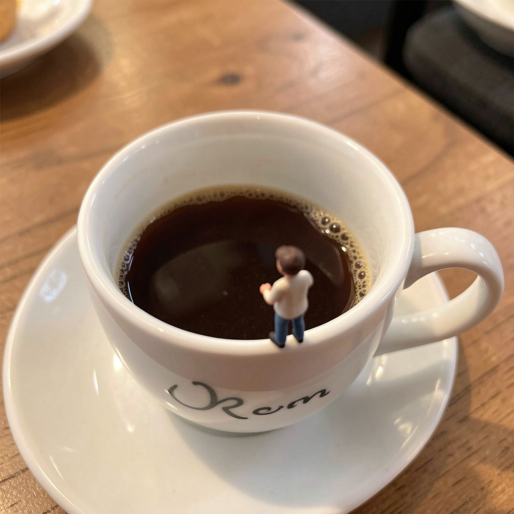 A tiny person standing on the rim of a coffee cup, looking d