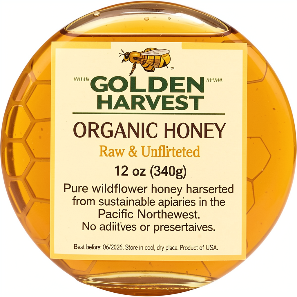 A product label for 'GOLDEN HARVEST ORGANIC HONEY' with subt