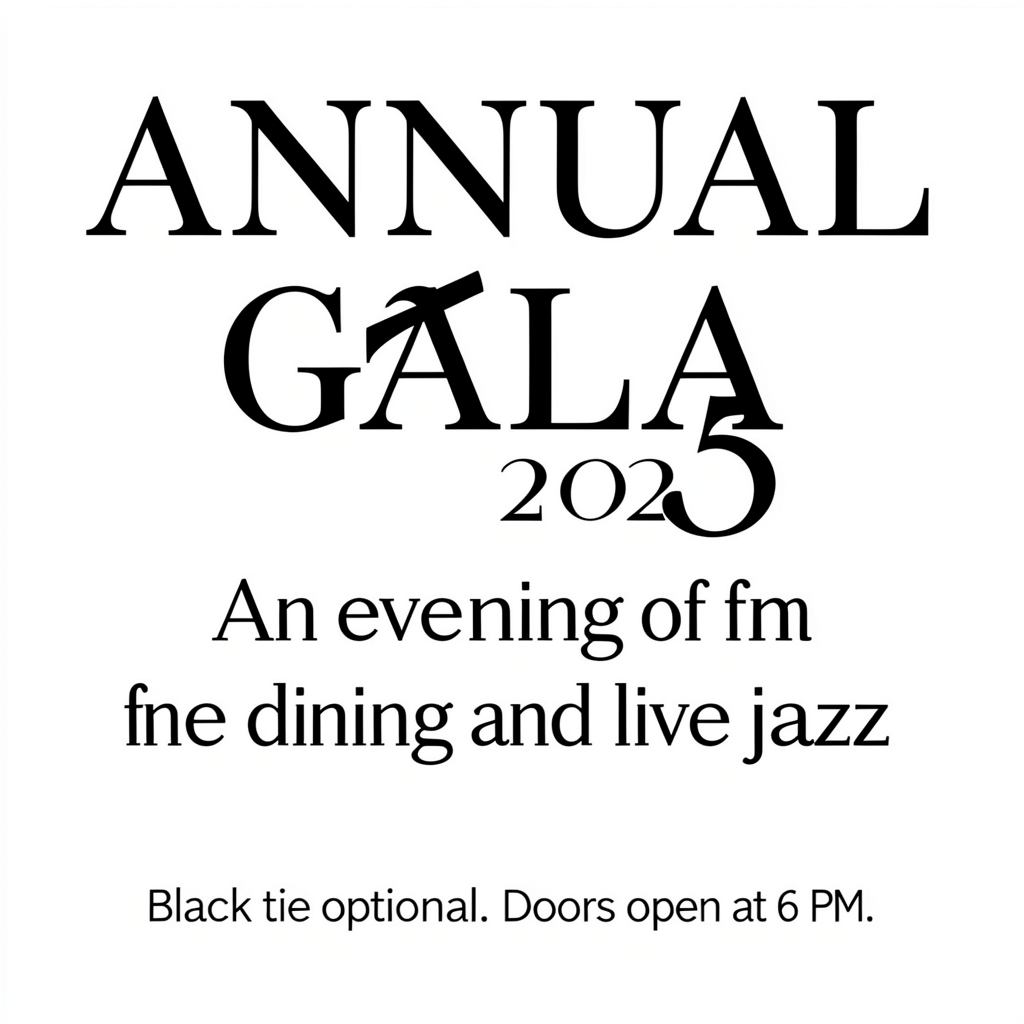 An event banner with headline 'ANNUAL GALA 2025' at the top 