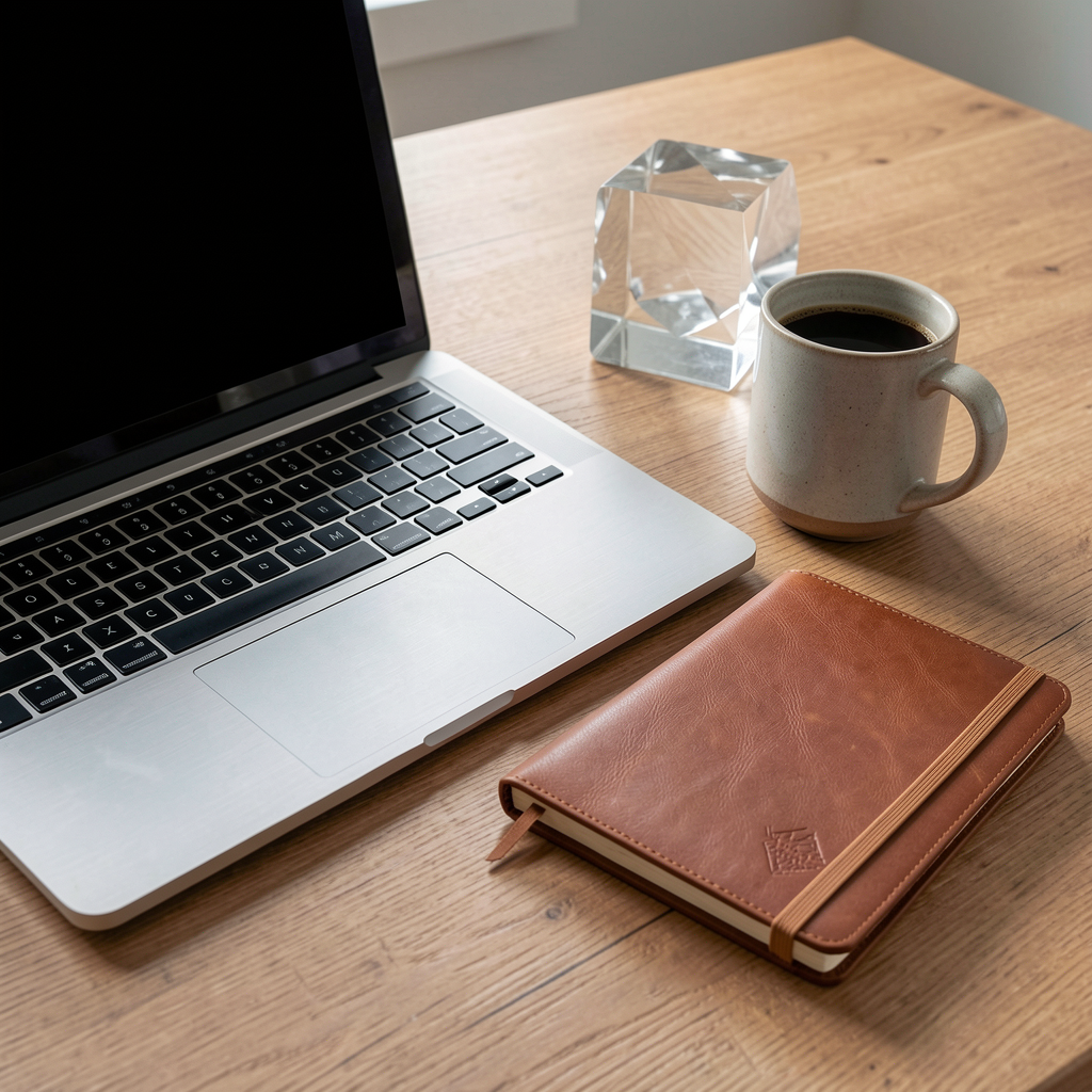 A workspace desk with a brushed aluminum laptop, a leather-b